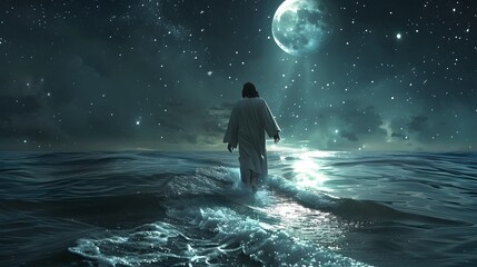 Obraz premium Jesus reaching out towards the viewer while walking on a calm ocean, moon casting silver light on gentle waves, his expression warm and welcoming, star-filled night sky,