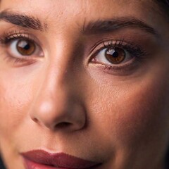 A macro photo of a caucasian female adult face, with a rack focus transitioning from the edge of her face to the headset microphone she wearing, eye level shot capturing the interaction with tech supp