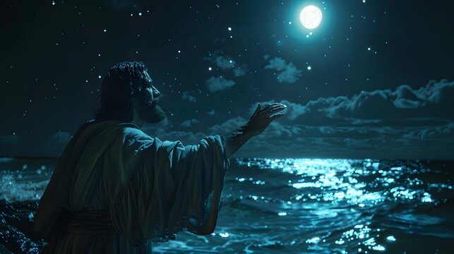 Jesus reaching out with a gentle hand on a tranquil sea, moonlight illuminating his path, calm waves reflecting silver light, night sky filled with stars,