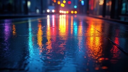 Obraz premium Vibrant reflections on a wet street at night.