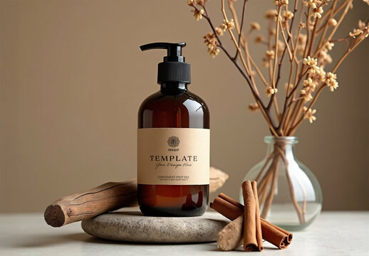 Elegant Amber Bottle Mockup with Natural Elements for Skincare Branding with Generative AI
