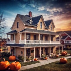 photo of a haunted house filled with eerie Halloween decorations, shown in a full shot. The tilt-shift effect focuses on the creepy details, with the eye-level shot providing a lifelike perspective