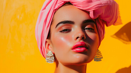 Passionate latin american woman with pink headband portrait  image. Languid latina lady with neutral expression photography studio shot. Natural beauty concept photo realistic