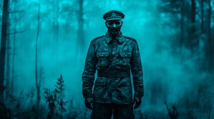 Fototapeta premium Zombie in old military uniform, stands in the deep forest with fog. 