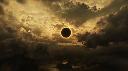 A solar eclipse casts a dramatic shadow over a turbulent landscape with dark clouds and muted lighting, creating an atmosphere of mystery and awe