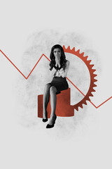 Vertical photo collage of upset businesswoman sit coin graph decline problem gearwheel recession...