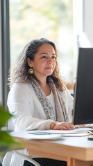 A senior female engineer works intently at her desk, focused on the computer screen, showcasing a professional and engaged demeanor