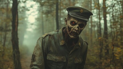 Obraz premium Zombie in old military uniform, stands in the deep forest with fog. 