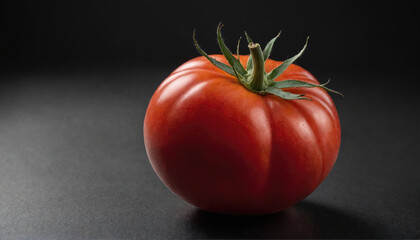 A single, ripe tomato sits on a black surface