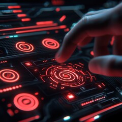 A close-up of a hand interacting with a high-tech control panel, featuring glowing red elements on a dark background.