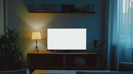 Television mockup with blank screen in a stylish living room with a decorative shelf