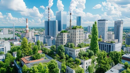 Obraz premium Urban Landscape with Green Architecture and Smokestacks, Showcasing Carbon Capture Technologies in Renewable Energy Development