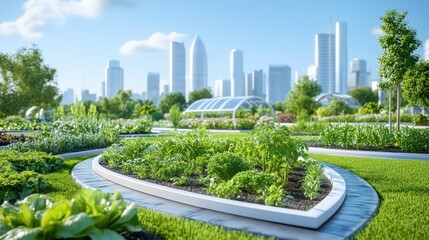 Fototapeta premium Innovative Urban Garden with Sustainable Design Promoting Carbon Capture Technologies and Renewable Energy Solutions in a Vibrant City Landscape
