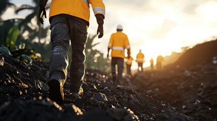 Workers in safety gear walk along a dirt path at sunset, highlighting teamwork and construction in a natural environment.
