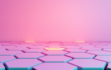 Fototapeta premium A vibrant digital scene featuring hexagonal tiles illuminated by soft pink lights, creating a modern and futuristic atmosphere.