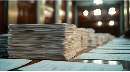 A tabletop filled with neatly stacked papers, showcasing a cluttered workspace in a formal setting characterized by warm lighting and wooden decor.
