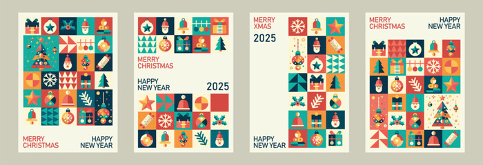 Set of minimalistic Christmas cards. Geometric elements. Fashionable modern design with flat abstract icons. Vector posters.