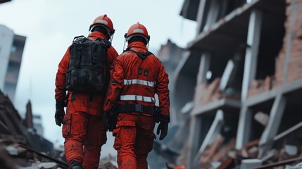 Rescue workers navigate a disaster site, assessing damage in a debris-filled landscape after a structural collapse.