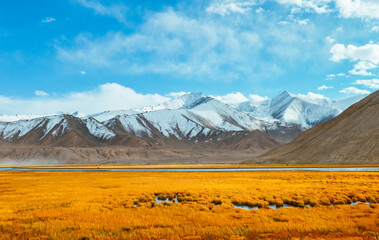 Beautiful autumn scenery of Muji Wetland, Muji River, and Chamu Section Road in Kashgar region,...
