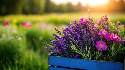 A vibrant bouquet of lavender and pink flowers in a blue box, set against a soft-focus field and glowing sunset.