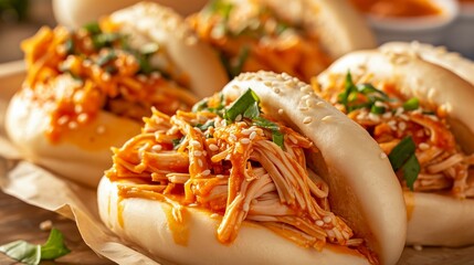 Bao buns with spicy shredded chicken and sesame seeds on wooden board