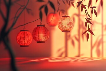 Obraz premium Warm red lanterns casting delicate shadows, symbolizing Asian heritage, celebration, and tranquility
