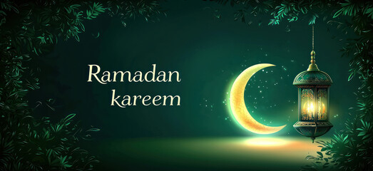 Ramadan Kareem greeting card with crescent moon and Arabic lantern illustration banner template design for Ramadan Kareem theme, dark green background. suitable for a commercial ad poster.