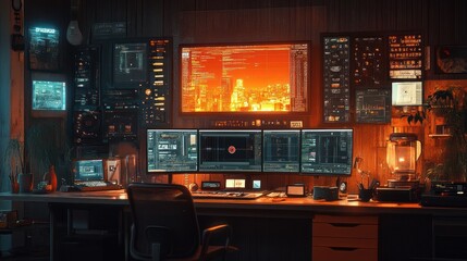 A high-tech workspace with multiple screens and ambient lighting.