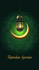 Ramadan Kareem greeting card with crescent moon and Arabic lantern illustration banner template design for Ramadan Kareem theme, dark green background. suitable for a commercial ad poster.