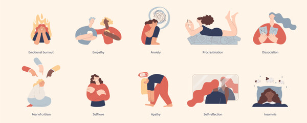 Mental health and psychology concept collection. Different mental health problems, psychological disorders. Modern vector illustrations.