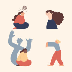 Collection of mental disorder cartoons. Self doubt, Bipolar disorder, Fear, Sleepwalking. Modern flat vector illustration