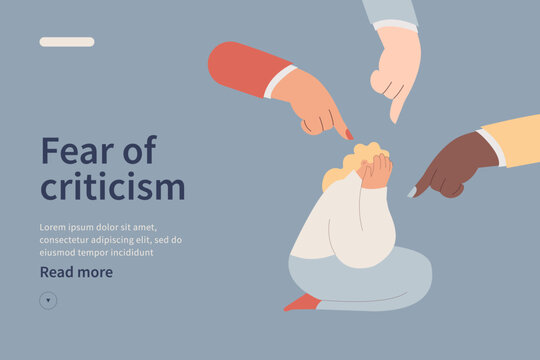 Fear of criticism website concept. The depressed woman is surrounded by mocking gestures. Anxious about other people judging, evaluating, blaming. Modern flat vector illustration.