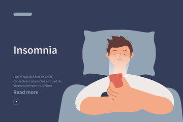Young man suffers from insomnia. Website concept. Male lying in bed, using and scrolling cellphone, can not relax. Modern vector illustration