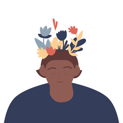 Mental health, happiness, harmony creative abstract concept. Happy male head with flowers. Mindfulness, positive thinking, self care idea. Modern vector illustration