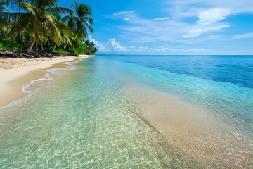 A tropical beach with crystal clear water and palm trees. Ideal for vacation and travel projects.