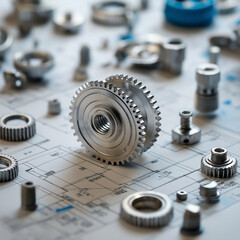 A collection of gears and screws are spread out on a piece of paper