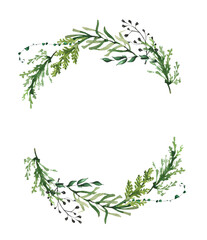 Watercolor winter round wreath frame with evergreen branches, green thuja, rosemary, black dry twigs, curl plants. Christmas and New Year hand drawn illustration. Artistic template design.