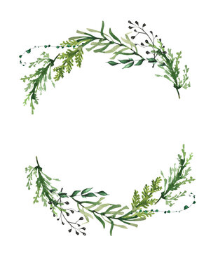 Watercolor winter round wreath frame with evergreen branches, green thuja, rosemary, black dry twigs, curl plants. Christmas and New Year hand drawn illustration. Artistic template design.