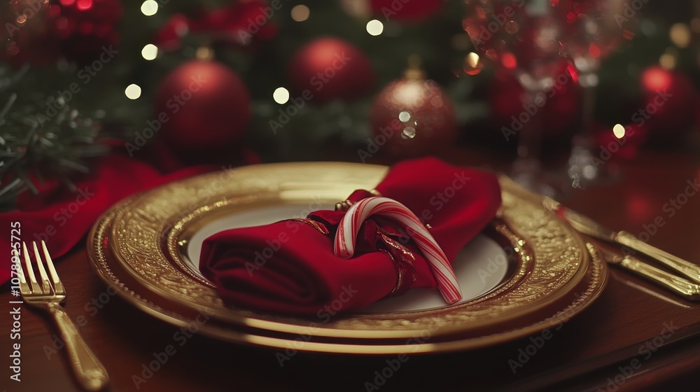 Poster a beautifully arranged dinner table showcases a red napkin elegantly rolled and adorned with a candy