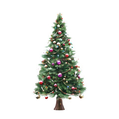 Decorated Christmas tree isolated on white background with festive ornaments and gifts