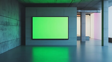 Large green screen television on a minimalist wall in a brightly lit room