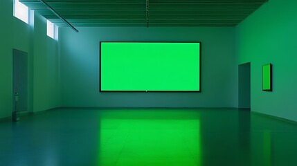 Large green screen television on a minimalist wall in a brightly lit room