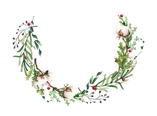 Watercolor Christmas evergreen branches simicircle frame bouquet with cotton flower, thuja, black twigs. Red cranberries. New Year hand drawn illustration. Artistic template design.