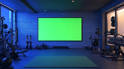Television with green screen in a home gym setup with exercise equipment around