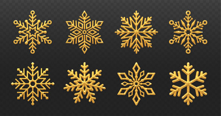 Gold Snowflakes set. Sparkling golden snowflakes with glitter texture isolated on transparent background. Merry Christmas and happy new year greeting card design element. Vector illustration.