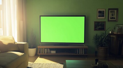 Green screen television in a Scandinavian-style living room with light wood accents