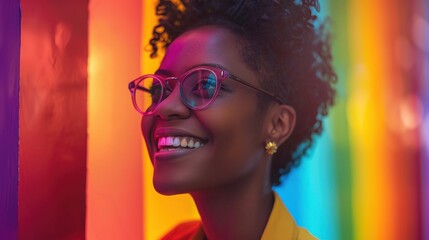 Against a dynamic backdrop, an introspective LGBTQ individual's reflective gaze captures their journey towards self-acceptance