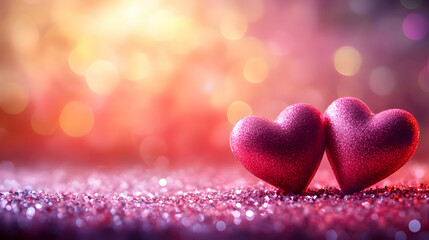 Obraz premium Two Shiny Pink Hearts Resting on Glittering Background with Soft Bokeh