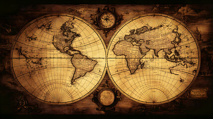 Fototapeta premium Vintage Antique World Map Illustration with Compass and a Wooden Background