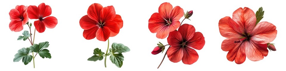 Bright Red Geranium Flowers with Detailed Leaves Isolated on a Transparent Background